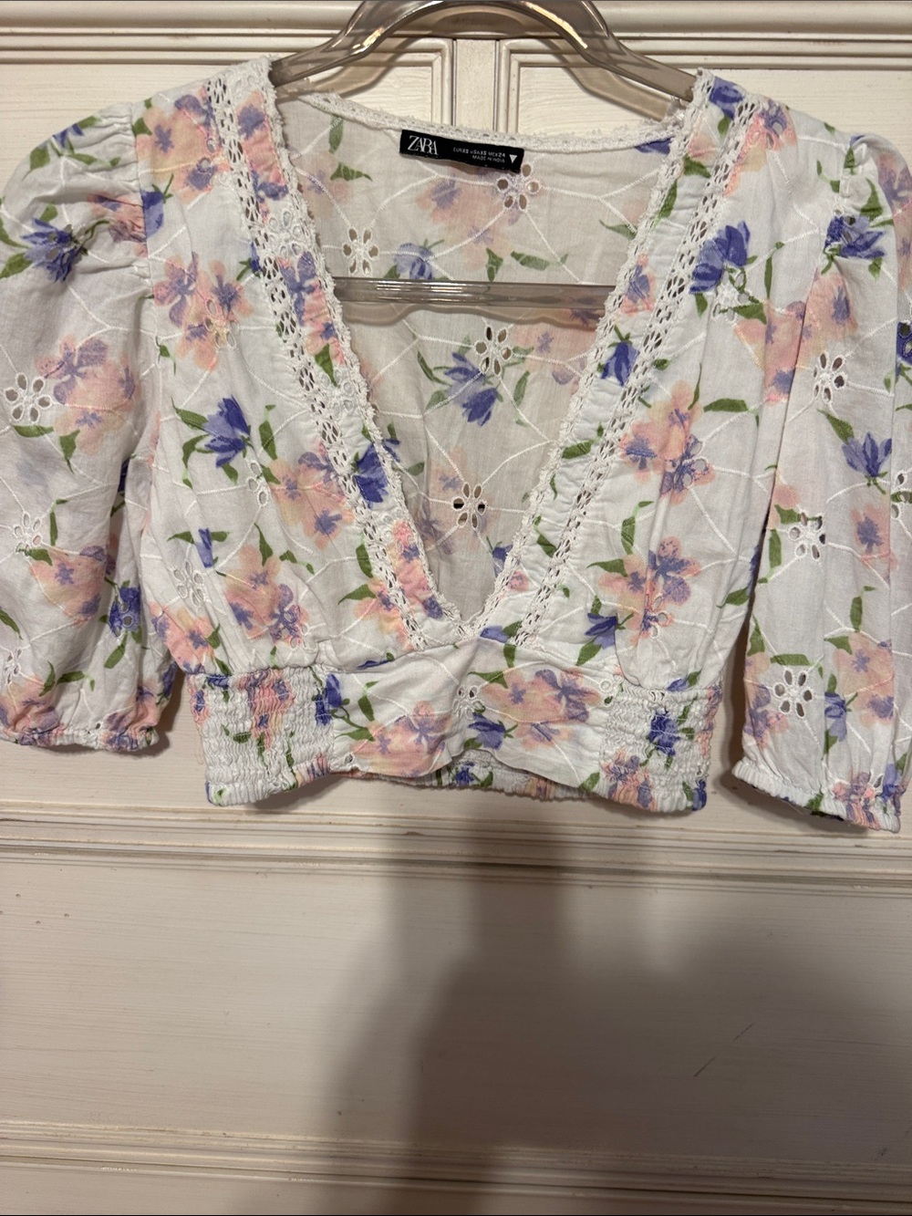 Zara White Eyelet Floral Cropped V-Neck Top - Pink & Blue Flowers